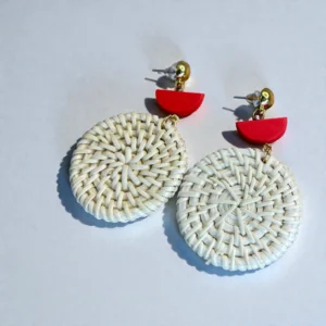 Round Wooden Earrings with Red Accent